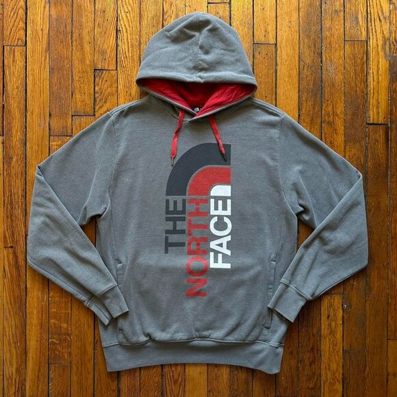 Vintage Y2K The North Face Hoodie Sweatshirt Men Grey Red‎ White Spell Out Logo. - Picture 1 of 4